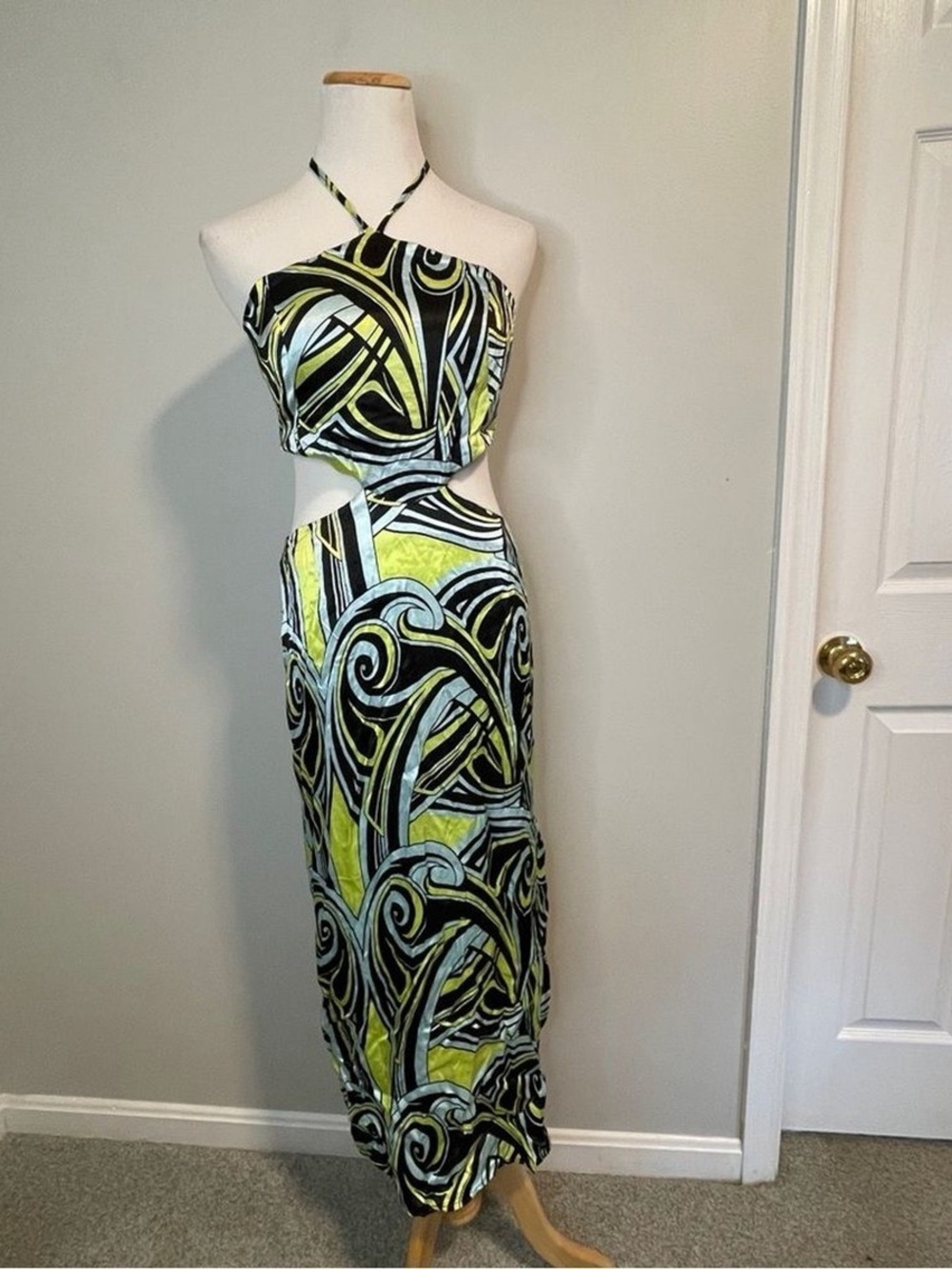Topshop Lime, Black & Pale Blue Cutout Midi Dress
